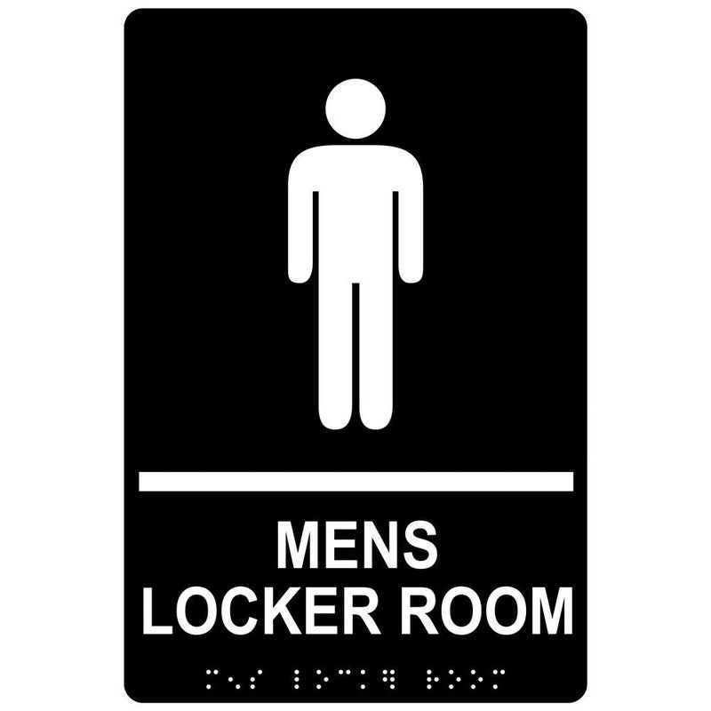 ComplianceSigns.com Mens Locker Room Sign, ADA-Compliant Braille and Raised Letters, 9x6 inch White on Black Acrylic with Adhesive Mounting Strips, American Made Safety Signs for the Workplace - Image 1